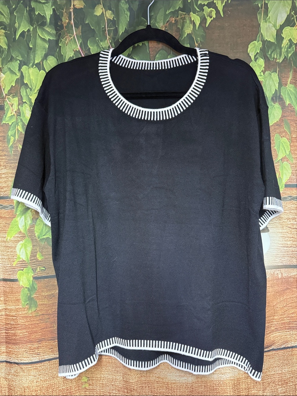 NWOT Black Short-Sleeve Knit Top with White Striped Trim